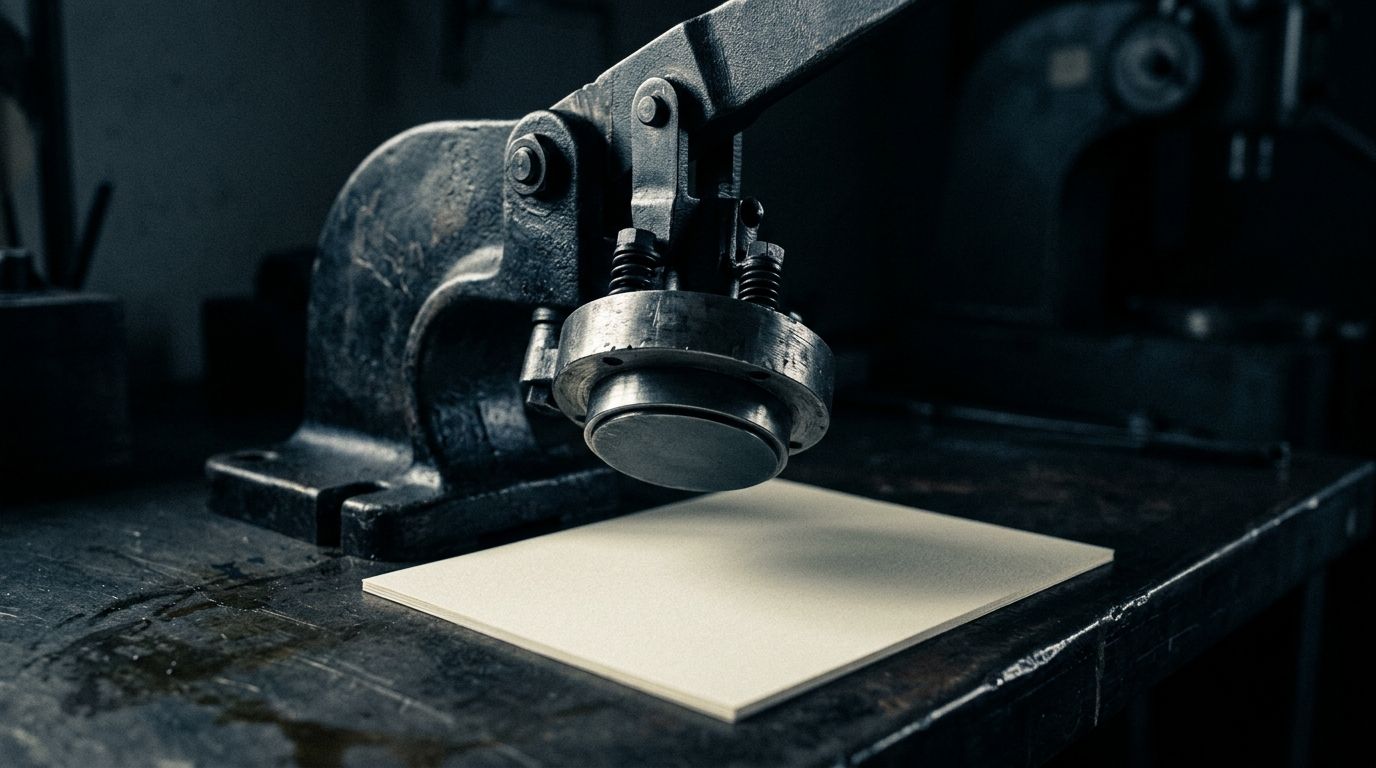 A heavy cast-steel desk press poised above a single blank sheet of paper