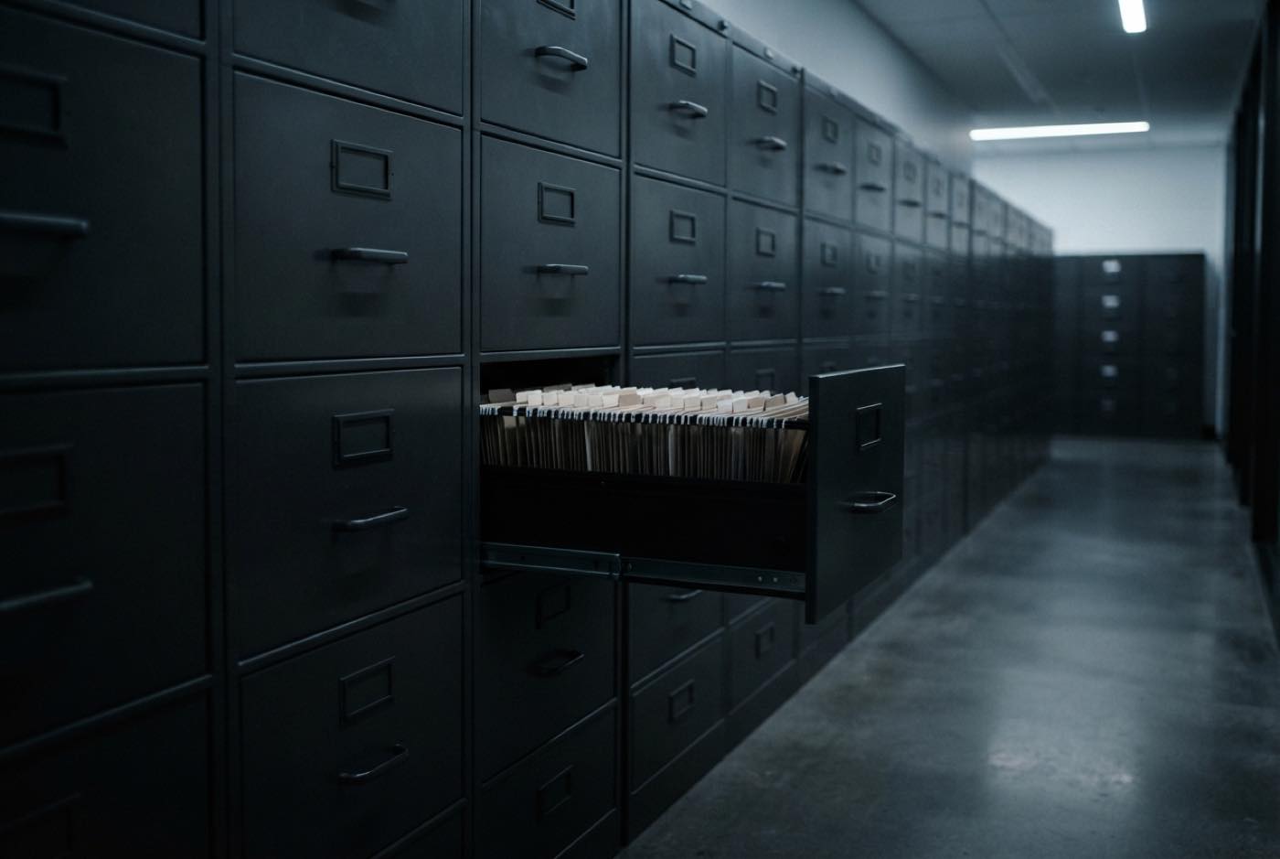 A wall of dark metal archive drawers, one slightly open