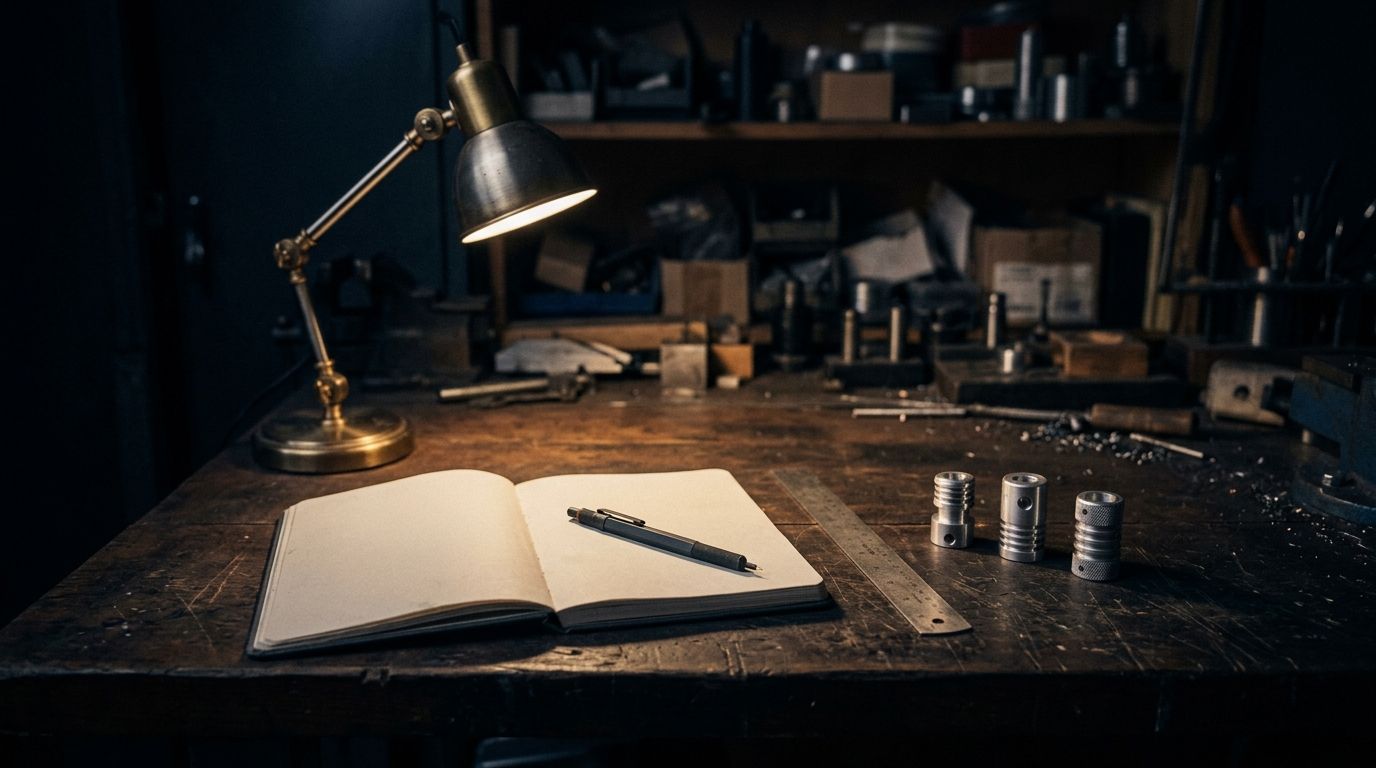 A workbench under a single lamp: an open notebook, a pencil, a steel rule and three machined parts