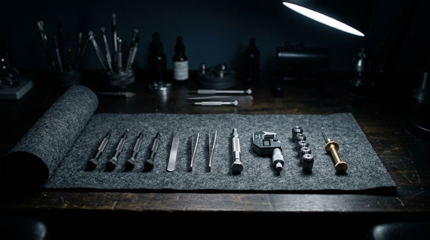 Precision service tools laid out in order on dark grey felt