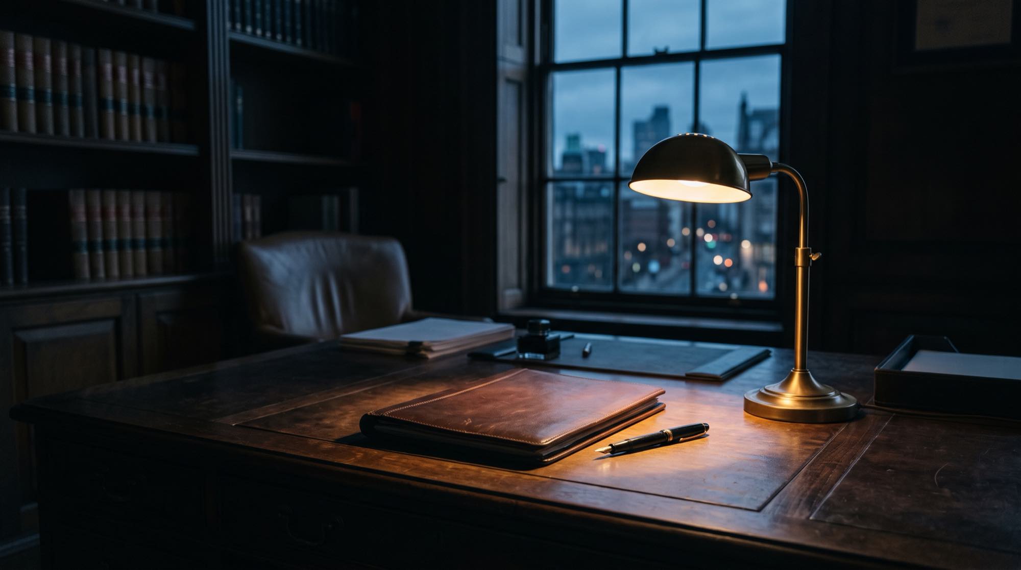 A principal's desk late in the evening, lit by a single lamp, the rest of the room dark