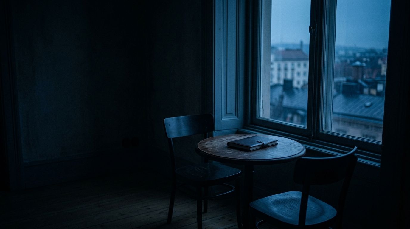 Two empty chairs at a small dark table by a window at dawn