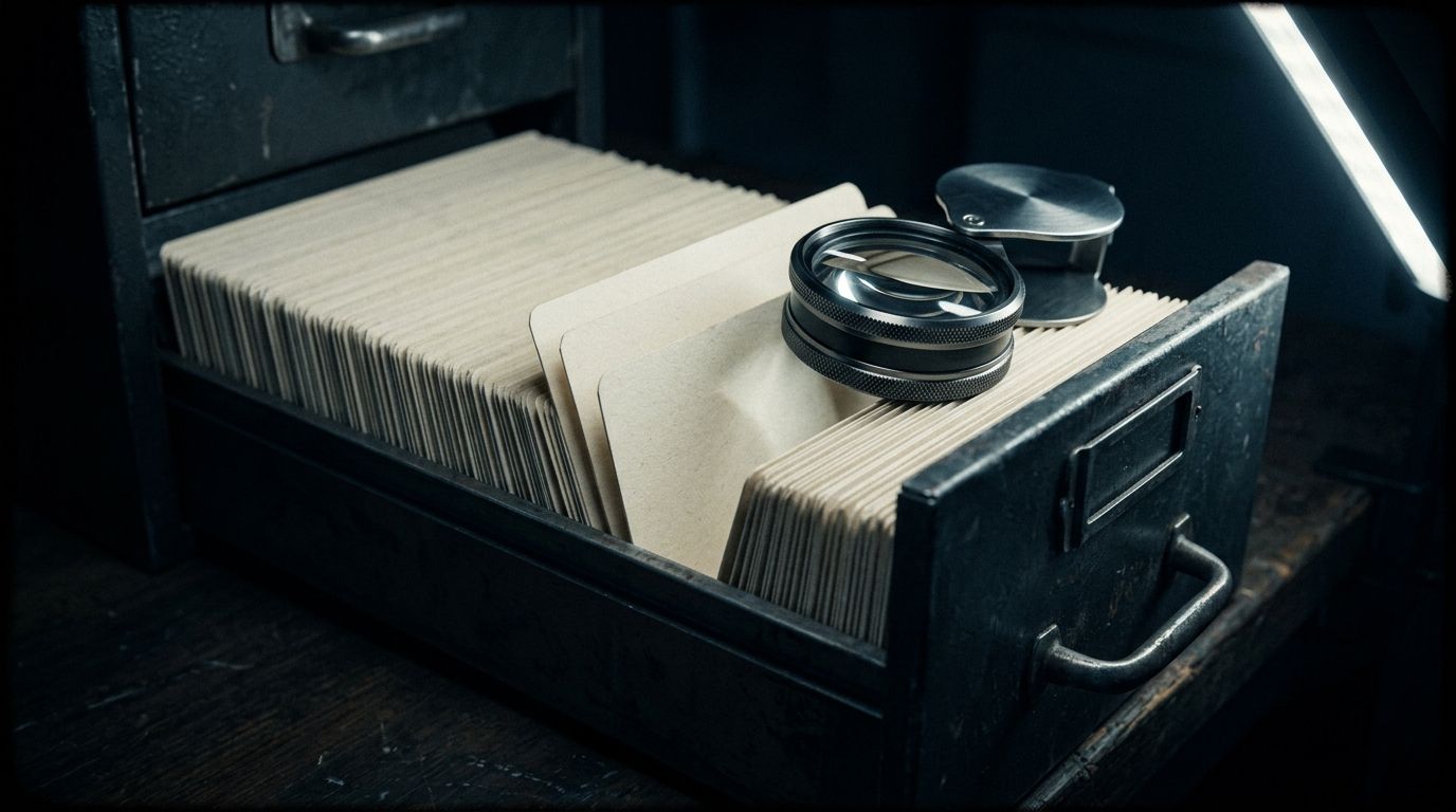 A steel card-index drawer pulled open, packed with record cards, a glass loupe resting on top
