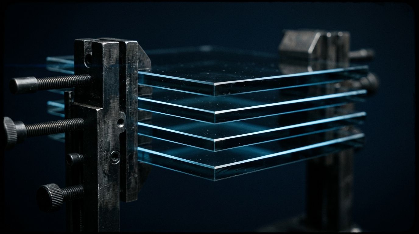 Four sheets of dark glass stacked in a steel jig, each pane edge-lit in cold blue